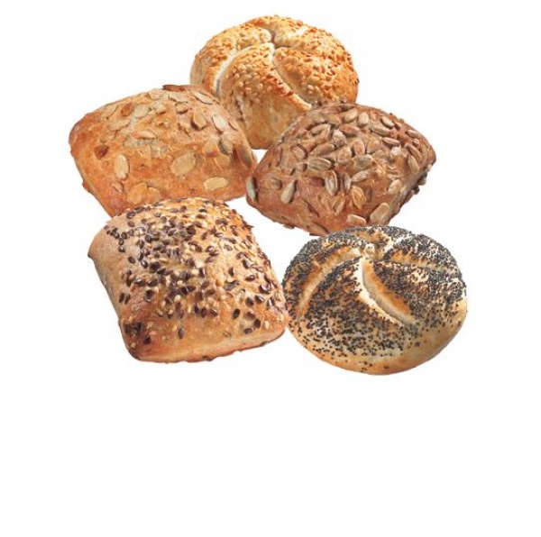 Cinco variedades de minipanecillos, cereales, pipas de calabaza, pipas de girasol, sésamo y amapola.