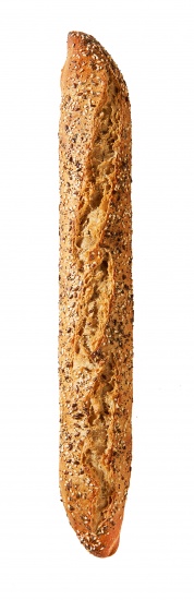 Baguette durch doppelten Fermentierungsprozess und aus Weizenmehl, Malz und Hafer hergestellt. Die Oberfläche ist mit Leinsamen, Sesam und Sonnenblumenkernen bestreut.